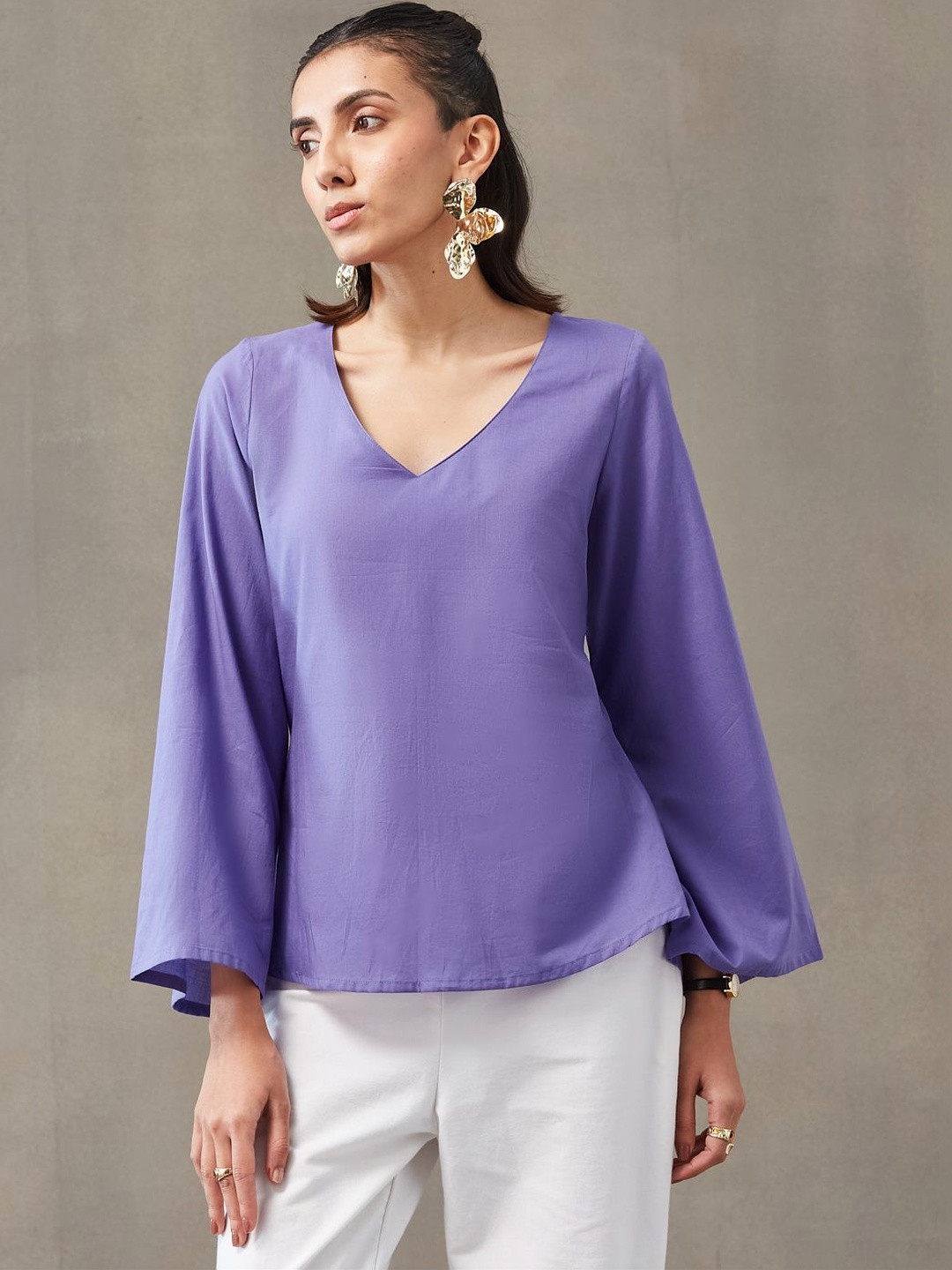 Navibhu V-Neck Flared Sleeves Pure Cotton Office Kurti