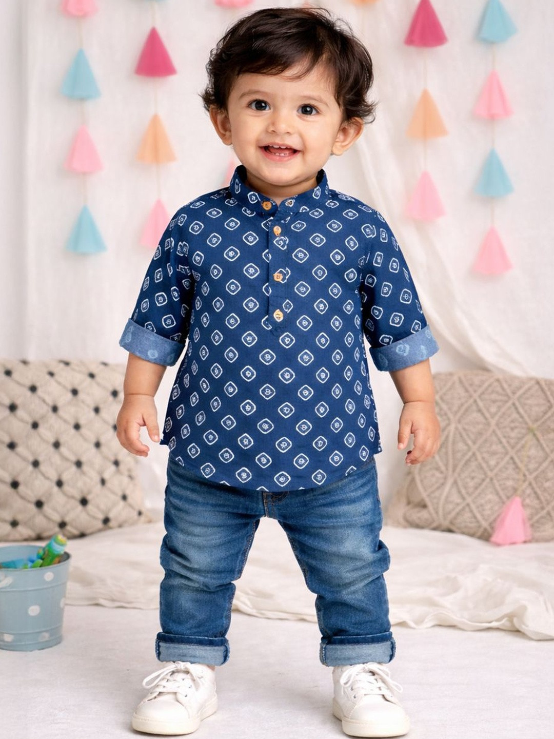 BownBee Boys Geometric Checked Cold-Shoulder Sleeves Thread Work Kurta
