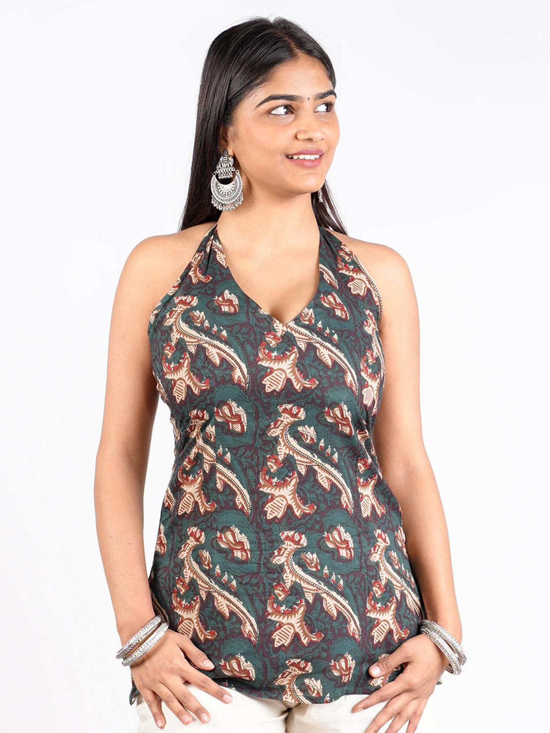 NISHORAMA Ethnic Motifs Printed Halter Neck Pure Cotton Kurti