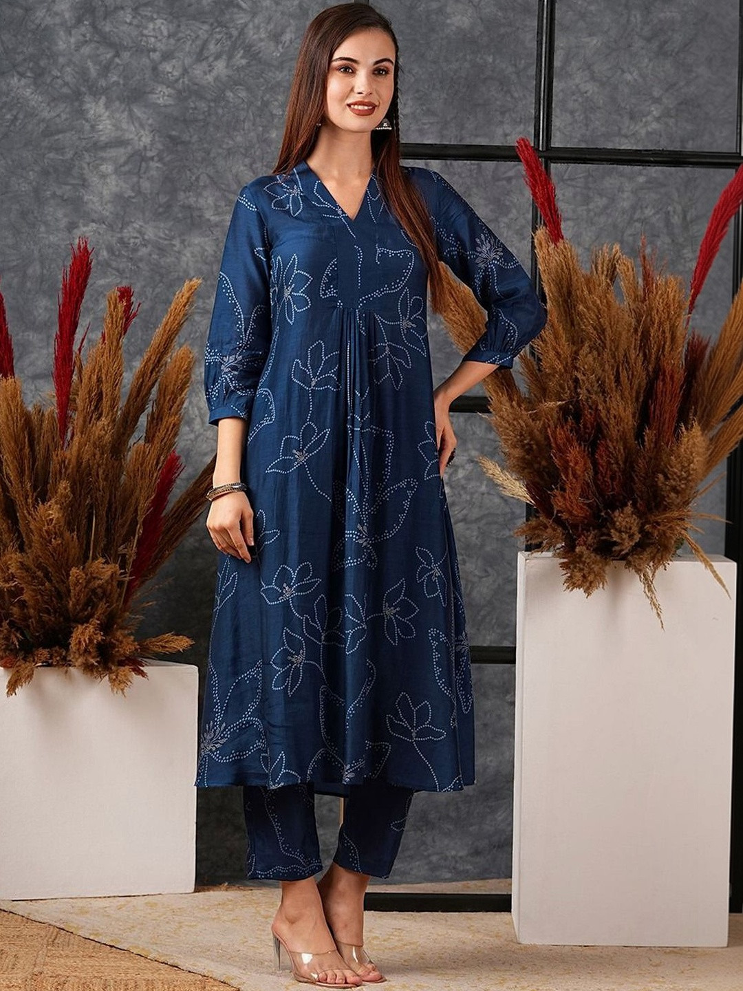 ADHIRITI Women Printed Pleated Kurta with Trousers & With Dupatta