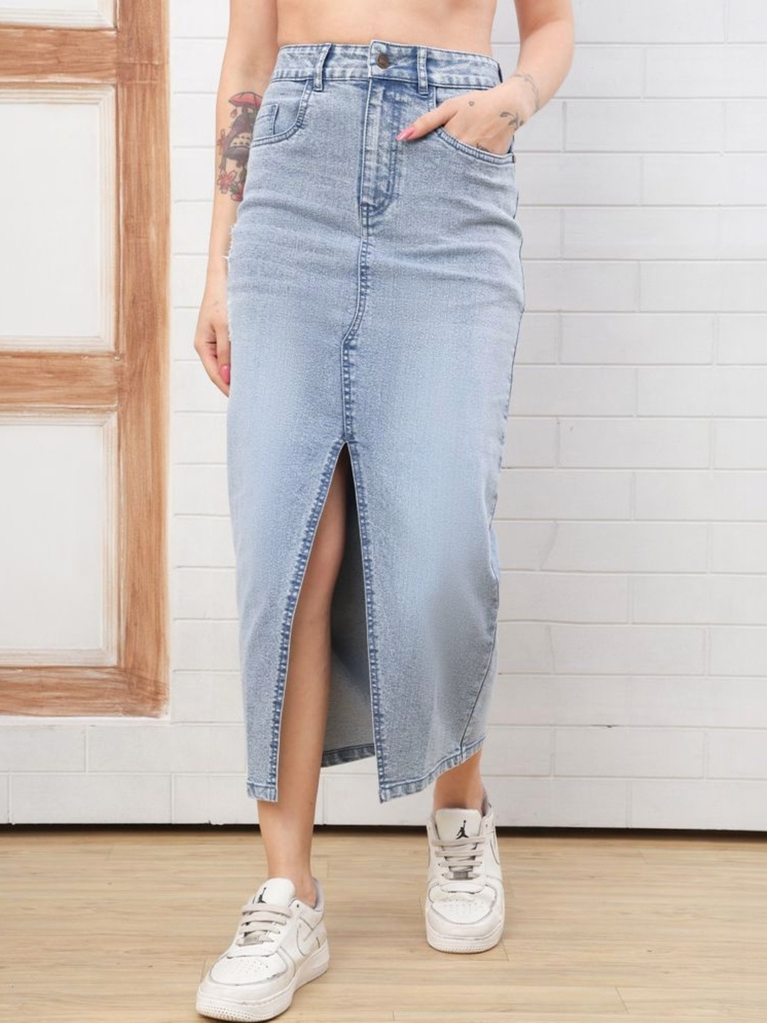 DOZER Women Denim Blend Front Slit Midi Straight Skirt