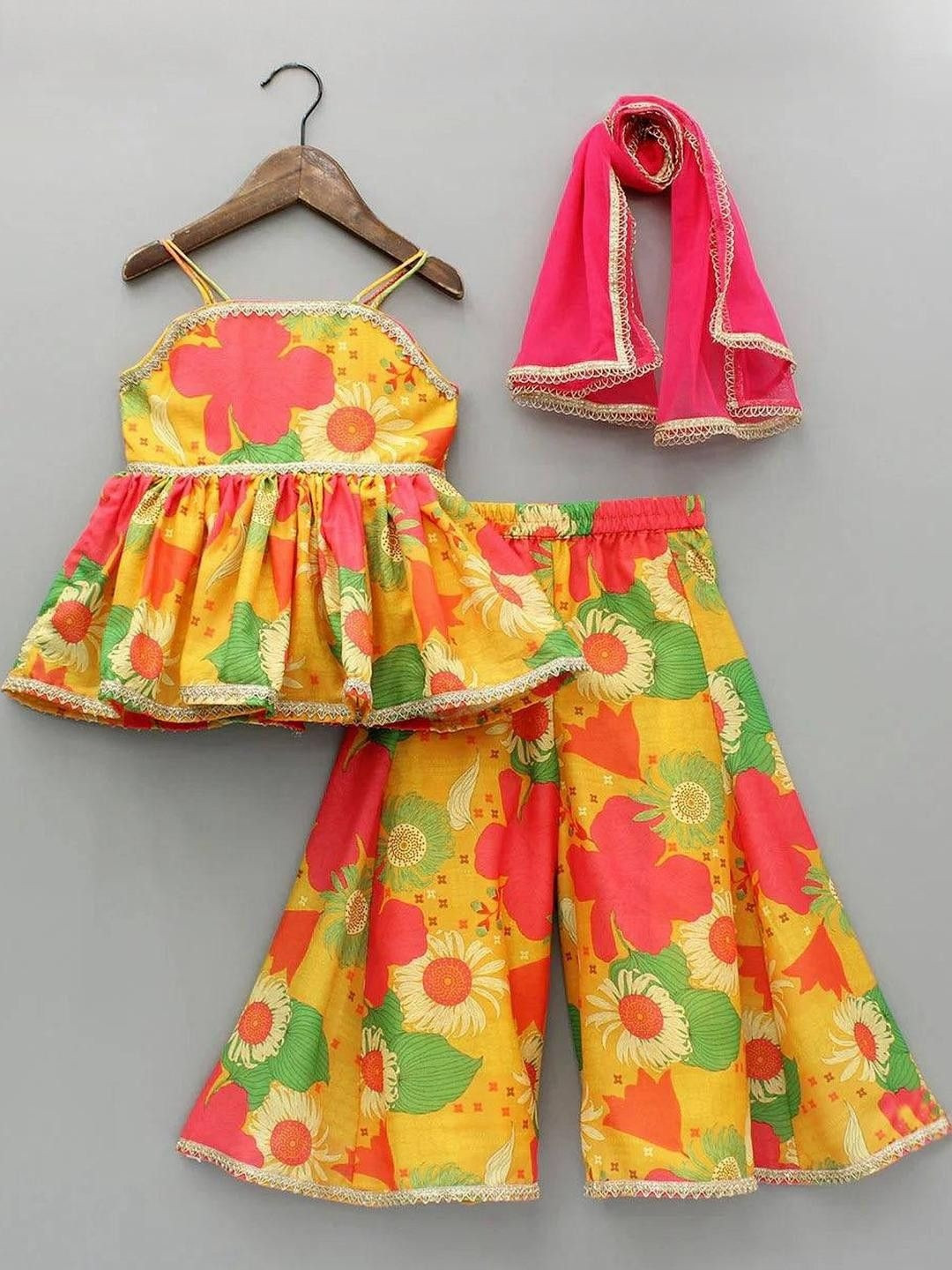 Heerkart Girls Floral Printed Empire Raw Silk Top with Palazzos & With Dupatta