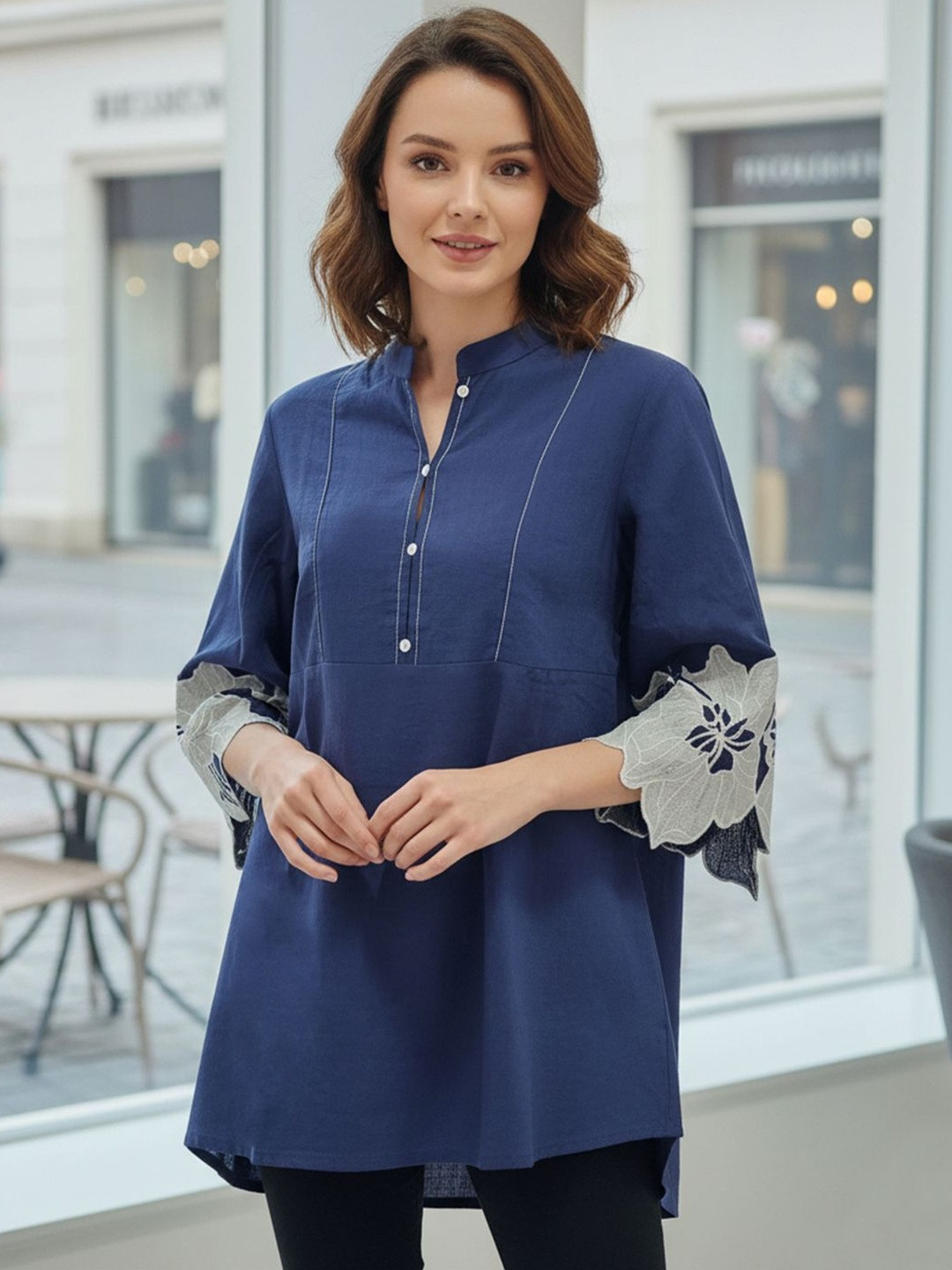 Zolo Label Floral Embroidered Mandarin Collar Cotton Blend Top