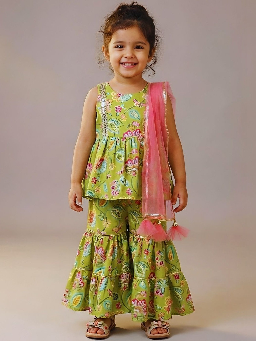 Heerkart Girls Floral Printed Tiered Mirror Work Raw Silk Kurti with Sharara & With Dupatta
