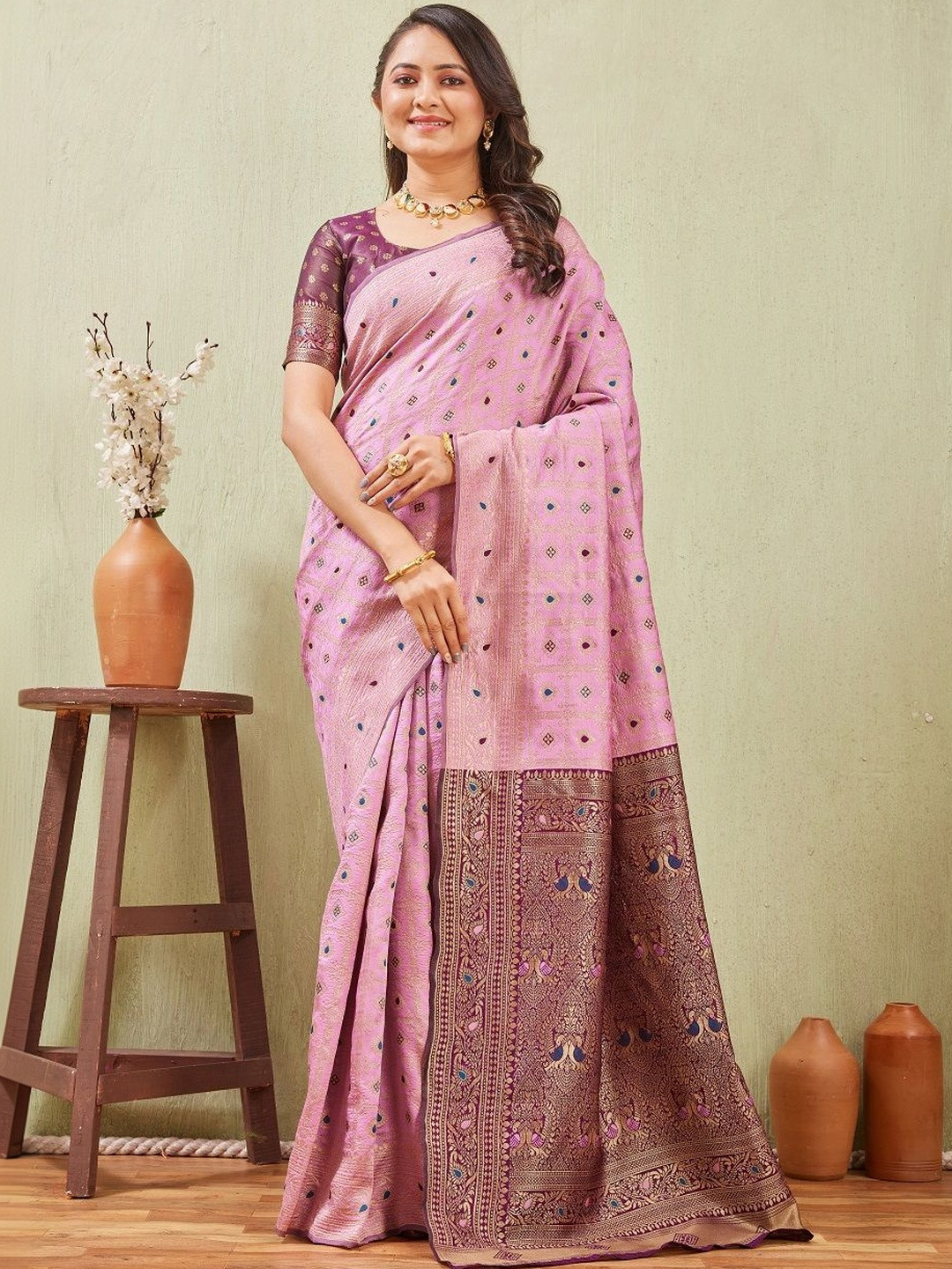 Moda Rapido Women Pink Ethnic Motifs Zari Silk Cotton Patola Saree