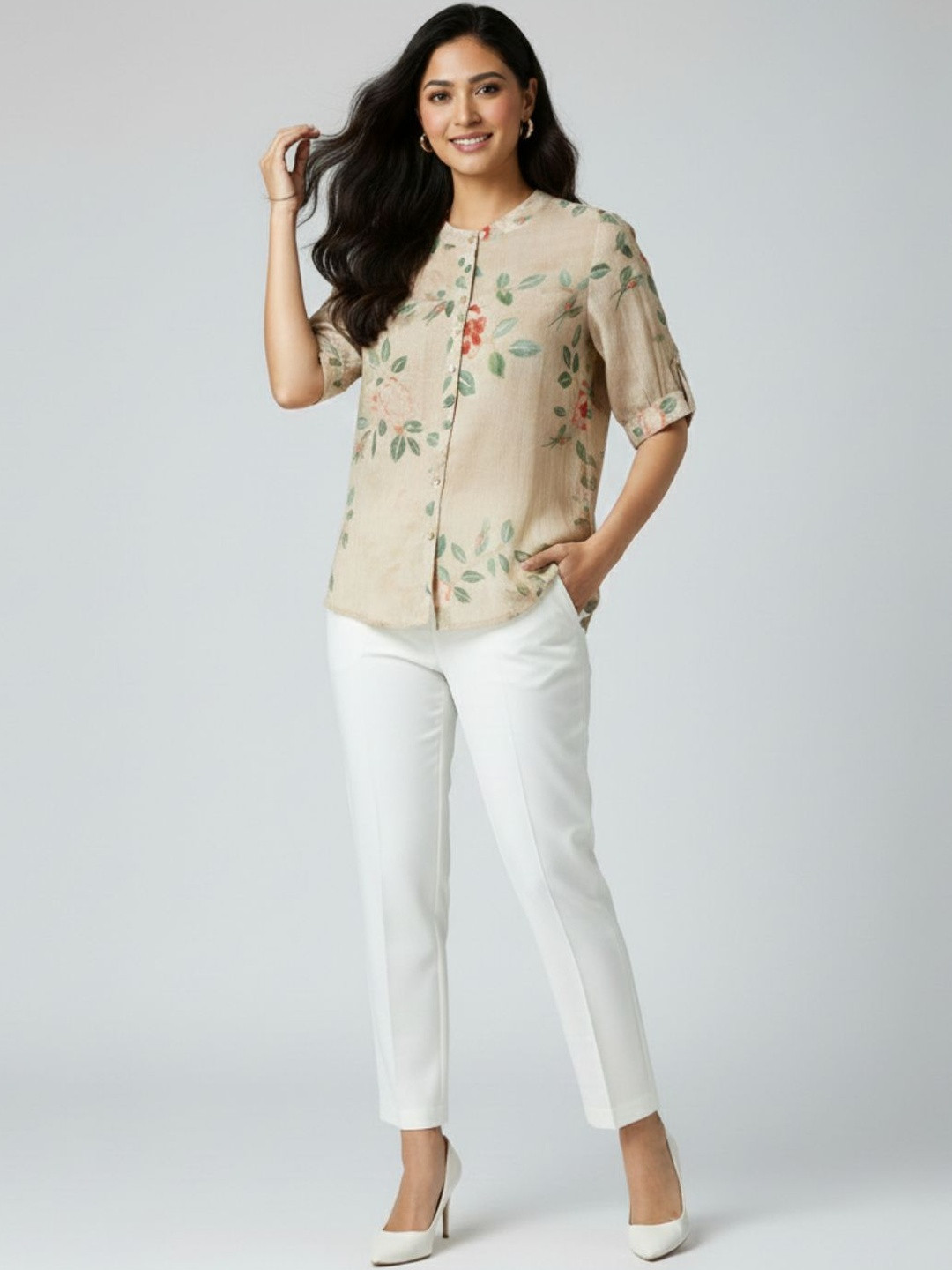 Kesudi Floral Print Mandarin Collar Roll-Up Sleeves Top