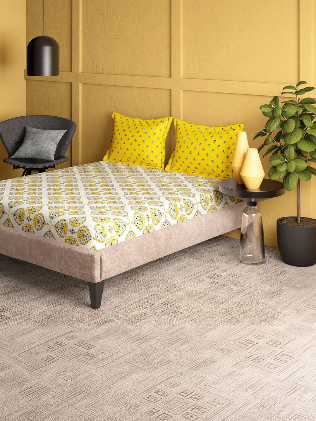 Portico Marvella 44 TC Pure Cotton Yellow & White Double Bedsheet & 2 Pillow Covers
