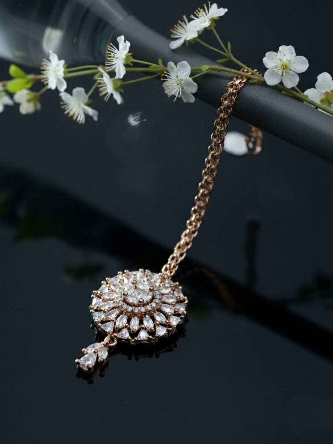 SUGARFRILL Rose Gold-Plated American Diamond Studded Maang Tikka Head Jewellery