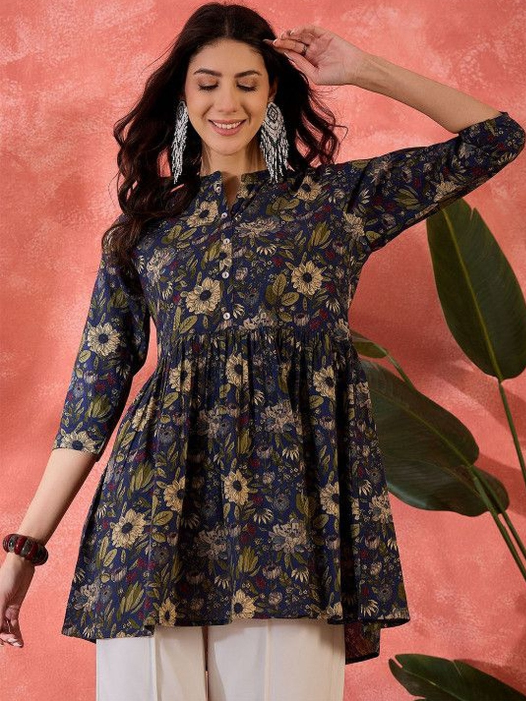 JAYRA TEXTILE Floral Print Mandarin Collar Fringed Cotton Top