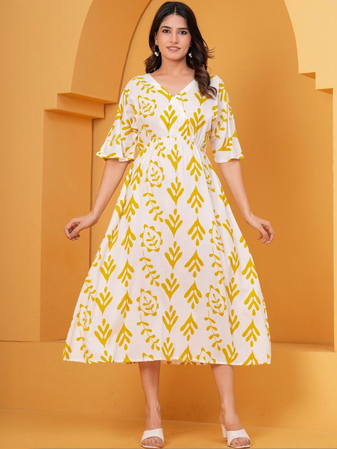 HERE&NOW Floral Print Flared Sleeve Fit & Flare Midi Dress