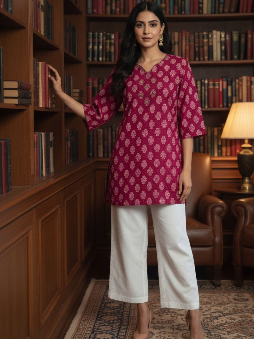 Mokshielite Ethnic Motifs Printed V-Neck Thread Work Pure Cotton Thread Work Kurti