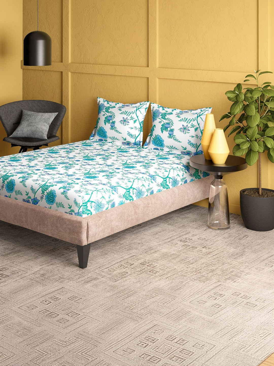 Portico White & White Floral 144 TC Bedsheet with 2 Pillow Covers