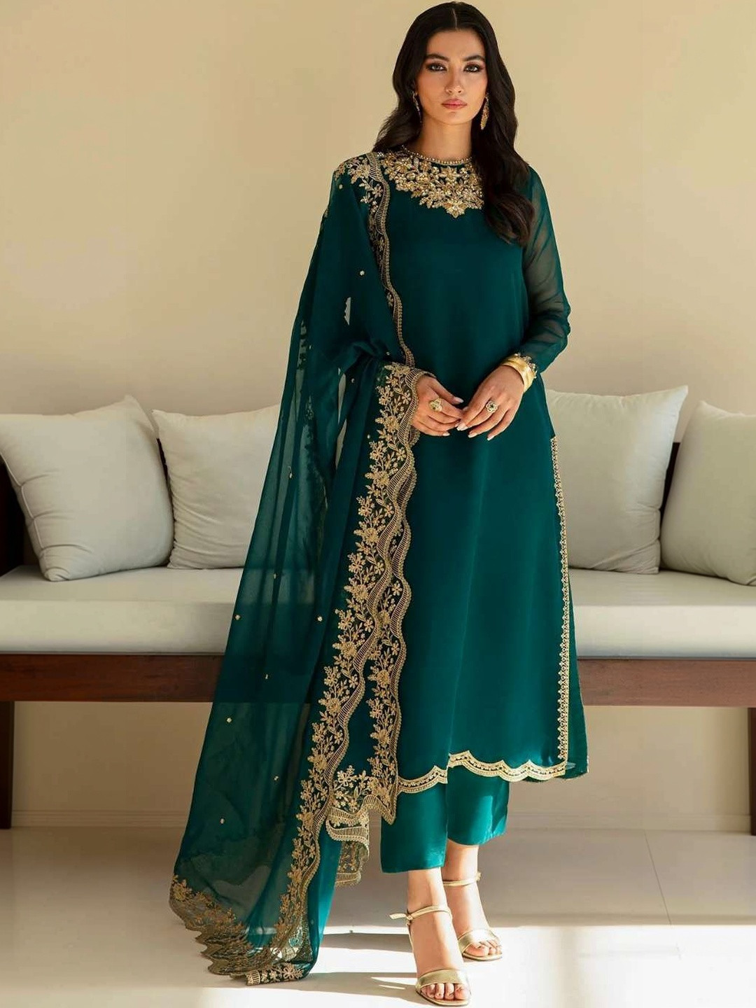 TRYAMBAKAM Women Ethnic Motifs Embroidered Regular Kurta with Trousers & With Dupatta
