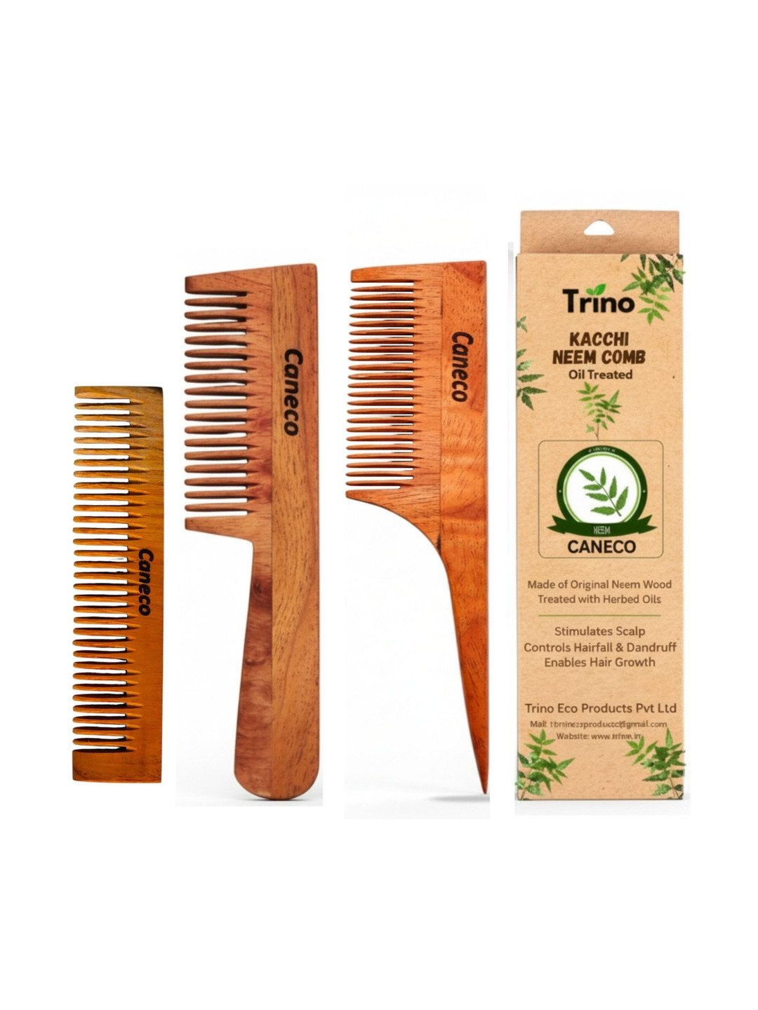 CANECO Set Of 3 Kacchi Neem Wooden Comb