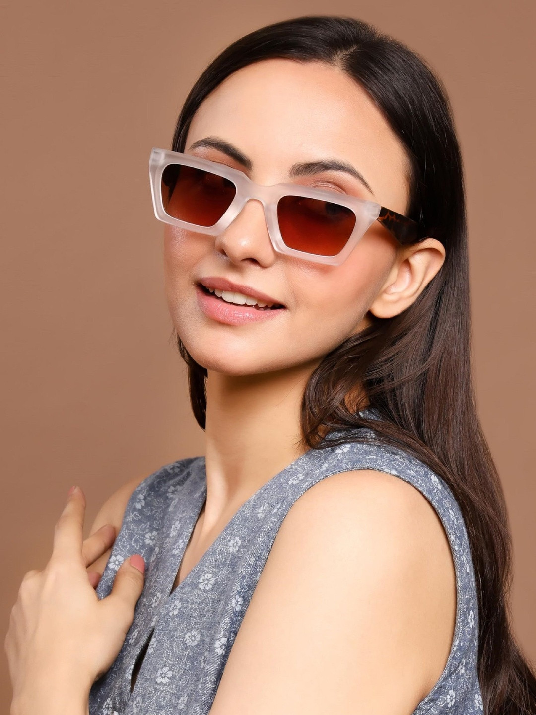 FUNGLASSES Unisex Brown Lens & White Cateye Sunglasses with