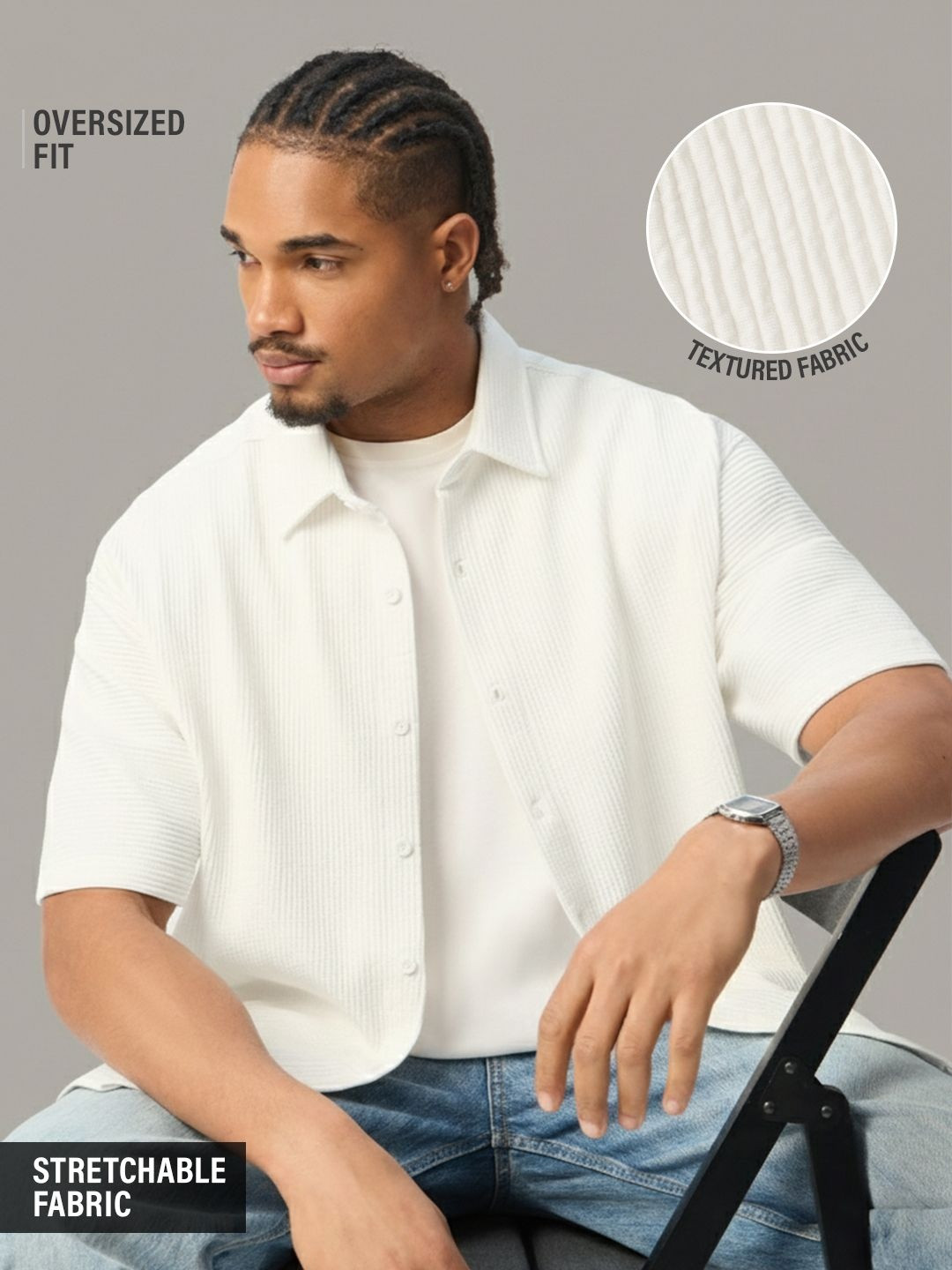 The Souled Store Men Oversized Textured White Casual Shirts