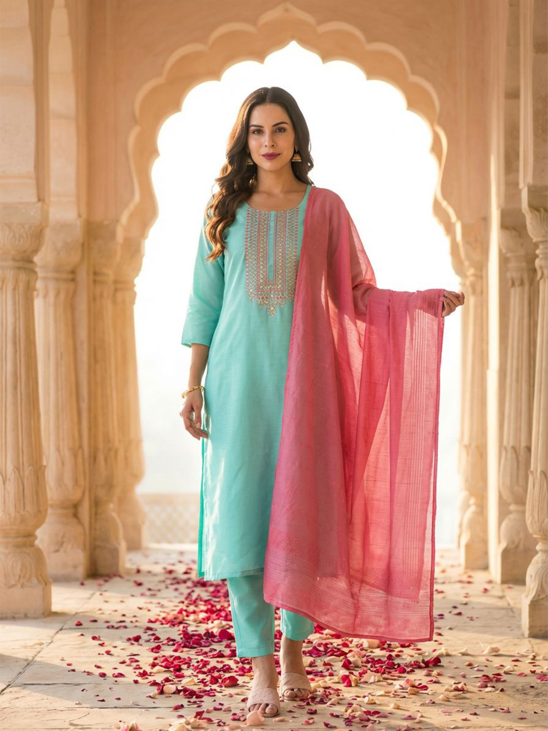 Yuris Women Yoke Design Regular Thread Work Kurta with Trousers & With Dupatta
