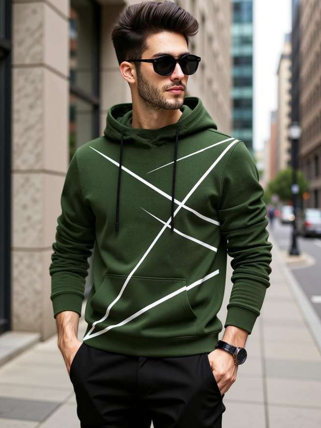 BLIVE Men Printed Hooded Pockets T-shirt