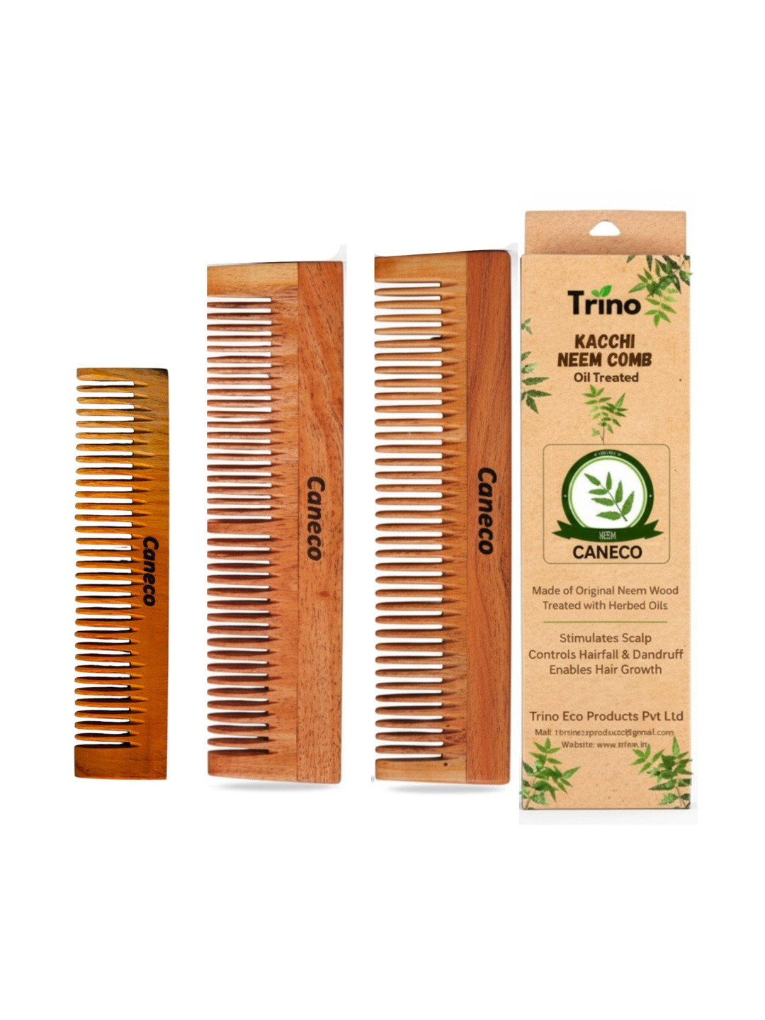 CANECO Set Of 3 Kacchi Neem Wooden Comb