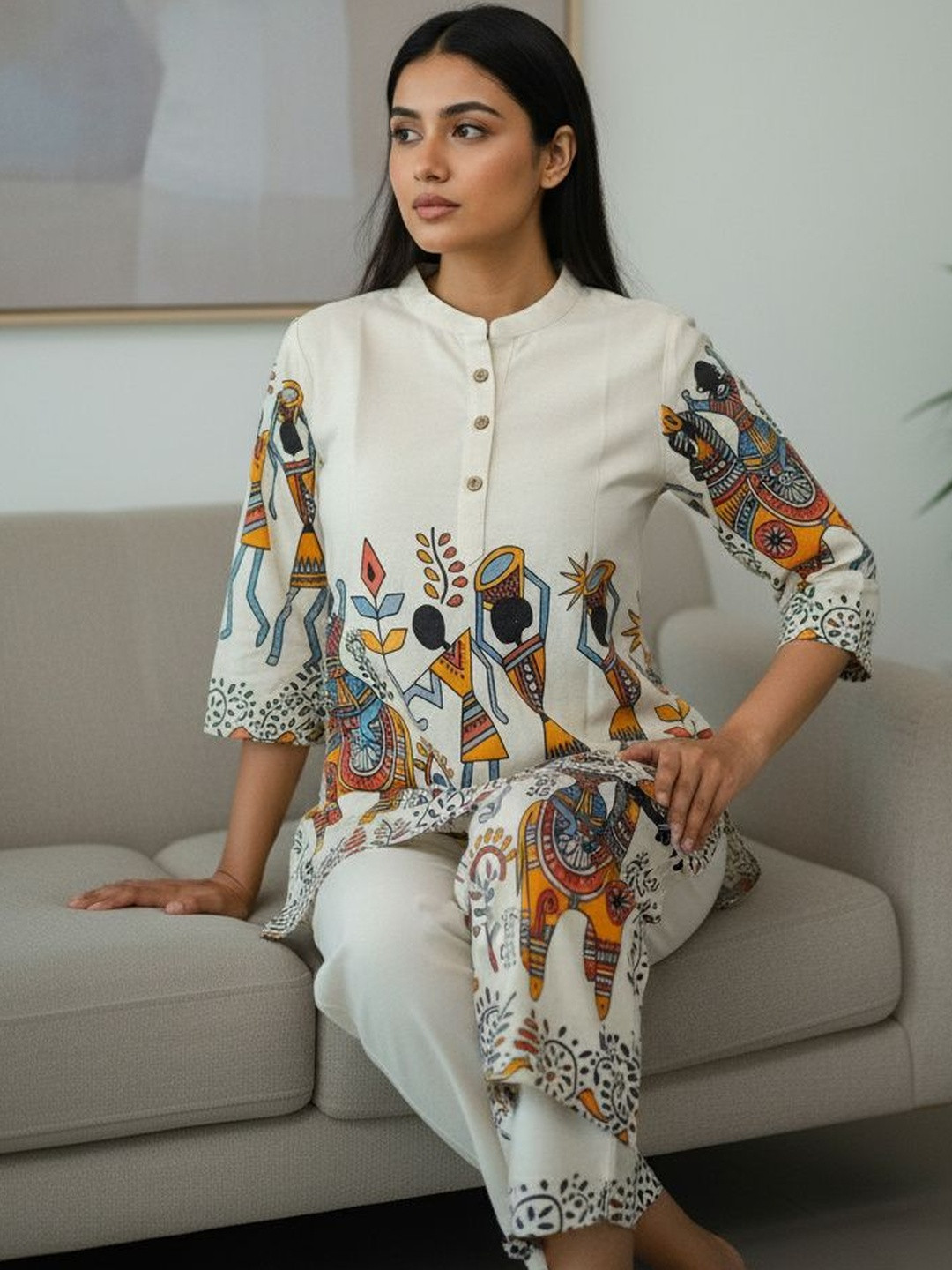 HERE&NOW Women Ethnic Motifs Printed Regular Pure Cotton Kurti with Trousers