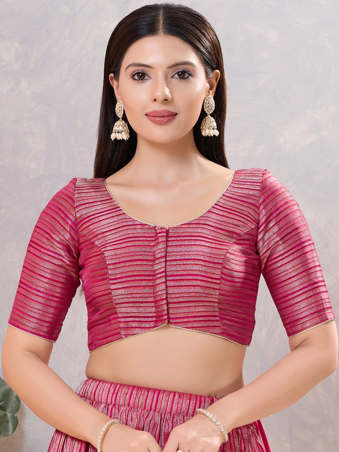 VAMAS - THE DESIGNER BLOUSES Woven Design Round Neck Readymade Saree Blouse
