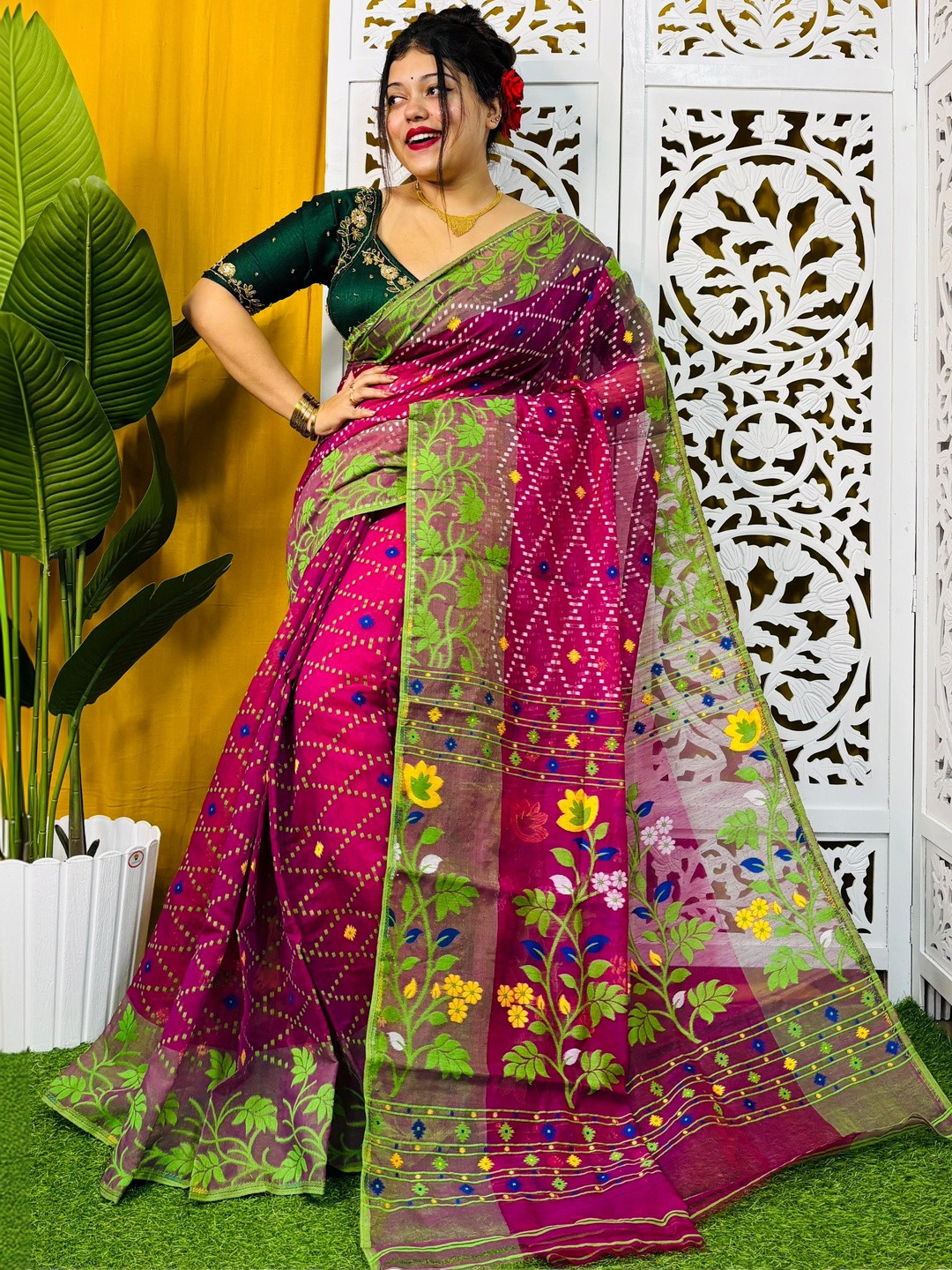Rnn Saree Floral Embroidered Silk Cotton Jamdani Sarees