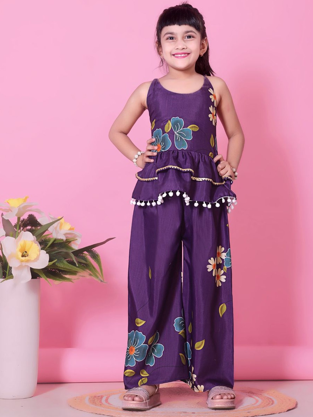 satyamfab Girls Floral Printed Tiered Gotta Patti Top with Palazzos