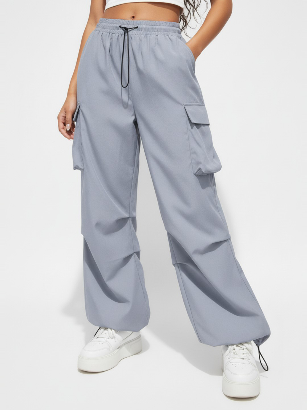 AIOQ Women Relaxed Loose Fit High-Rise Easy Wash Cargos Trousers