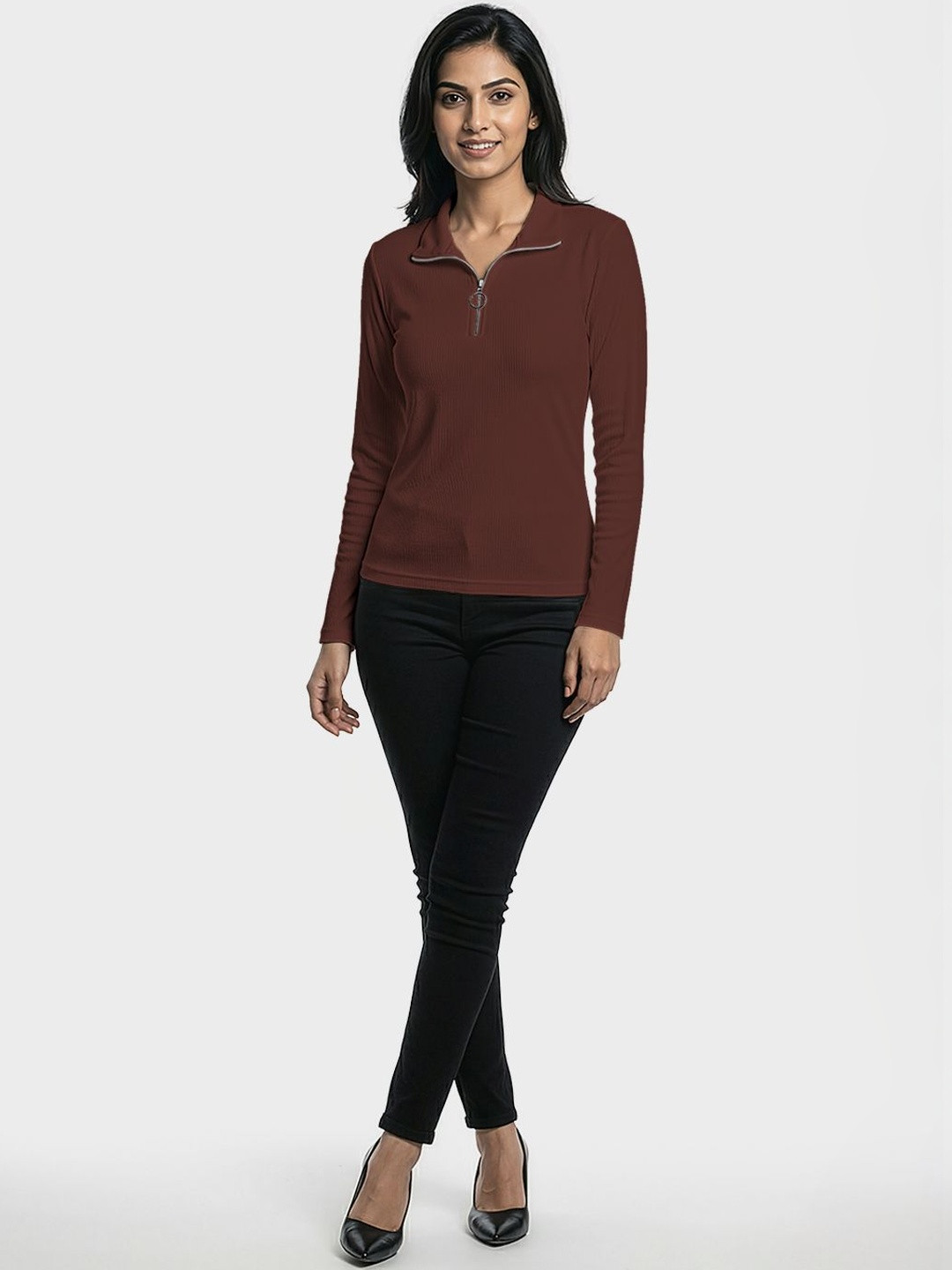 Brown Ribbed High Neck Zip Closure Top