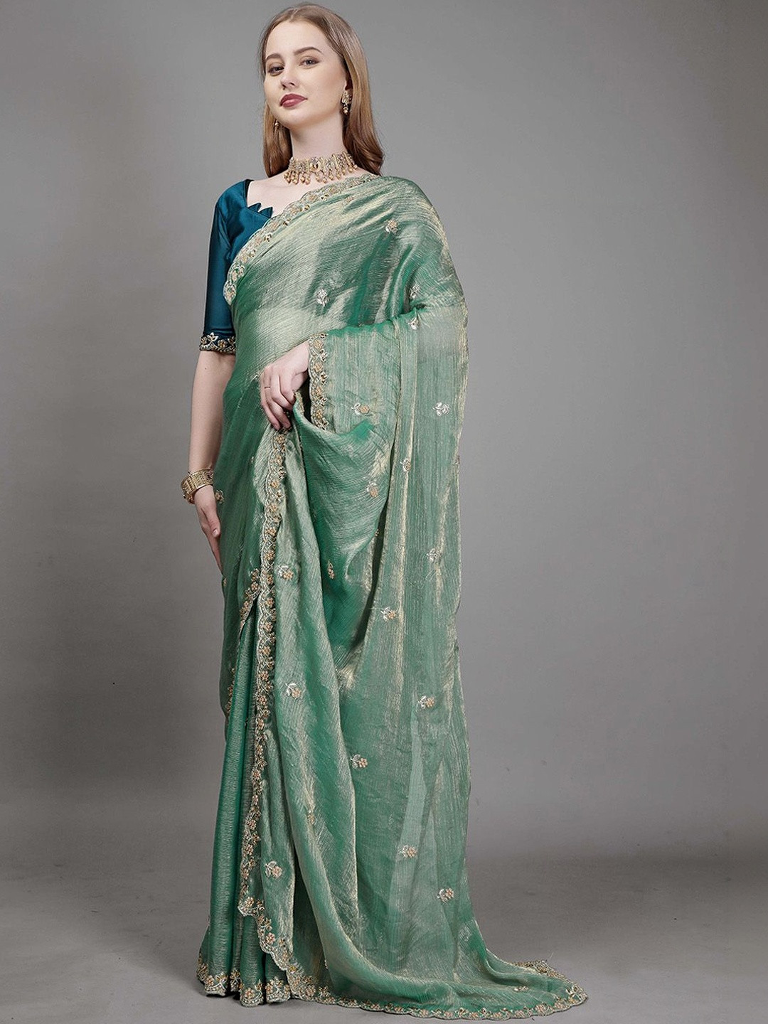 Urban Pallu Embellished Embroidered Organza Heavy Work Mysore Silk Saree
