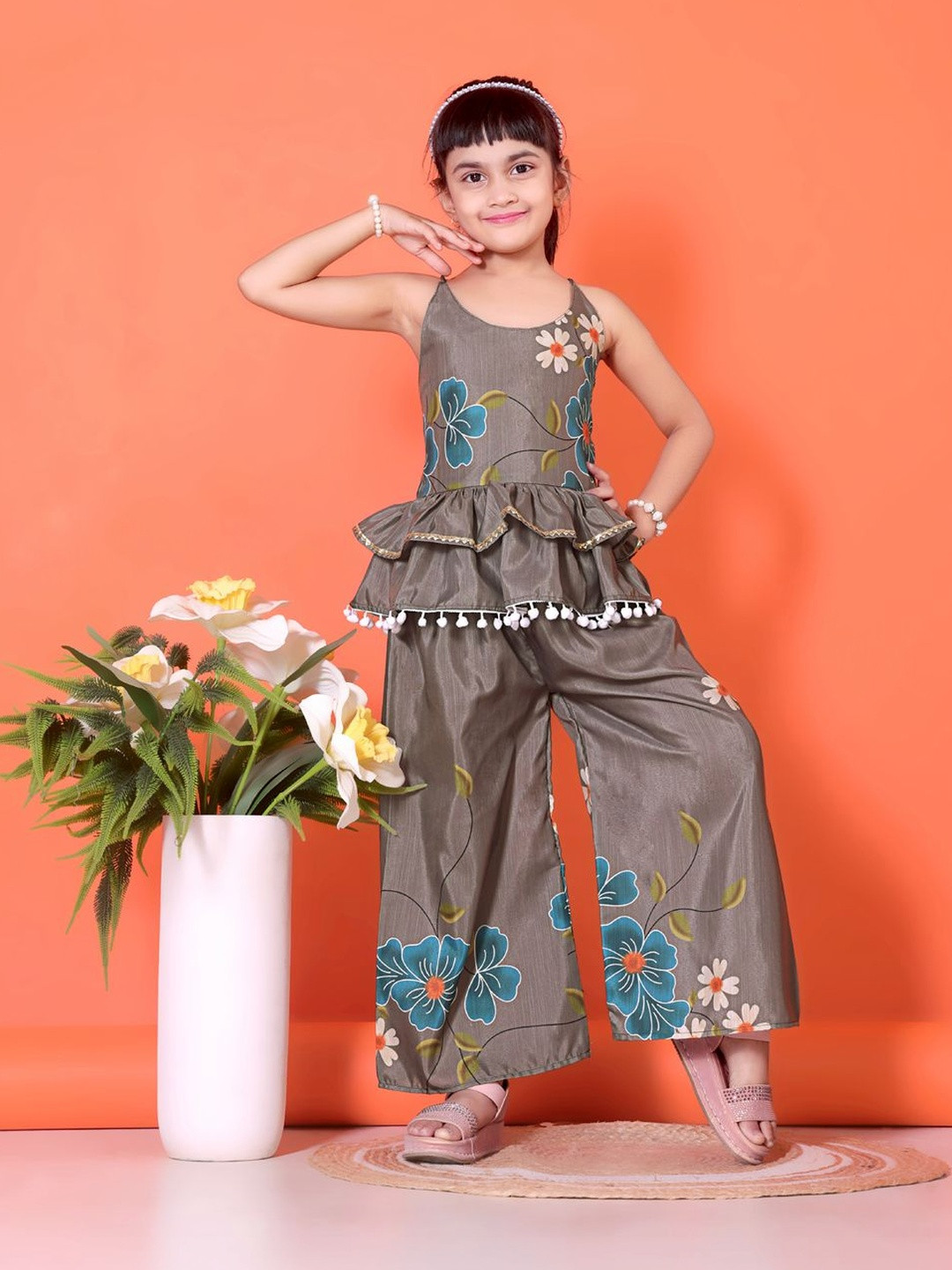 satyamfab Girls Floral Printed Regular Top with Palazzos