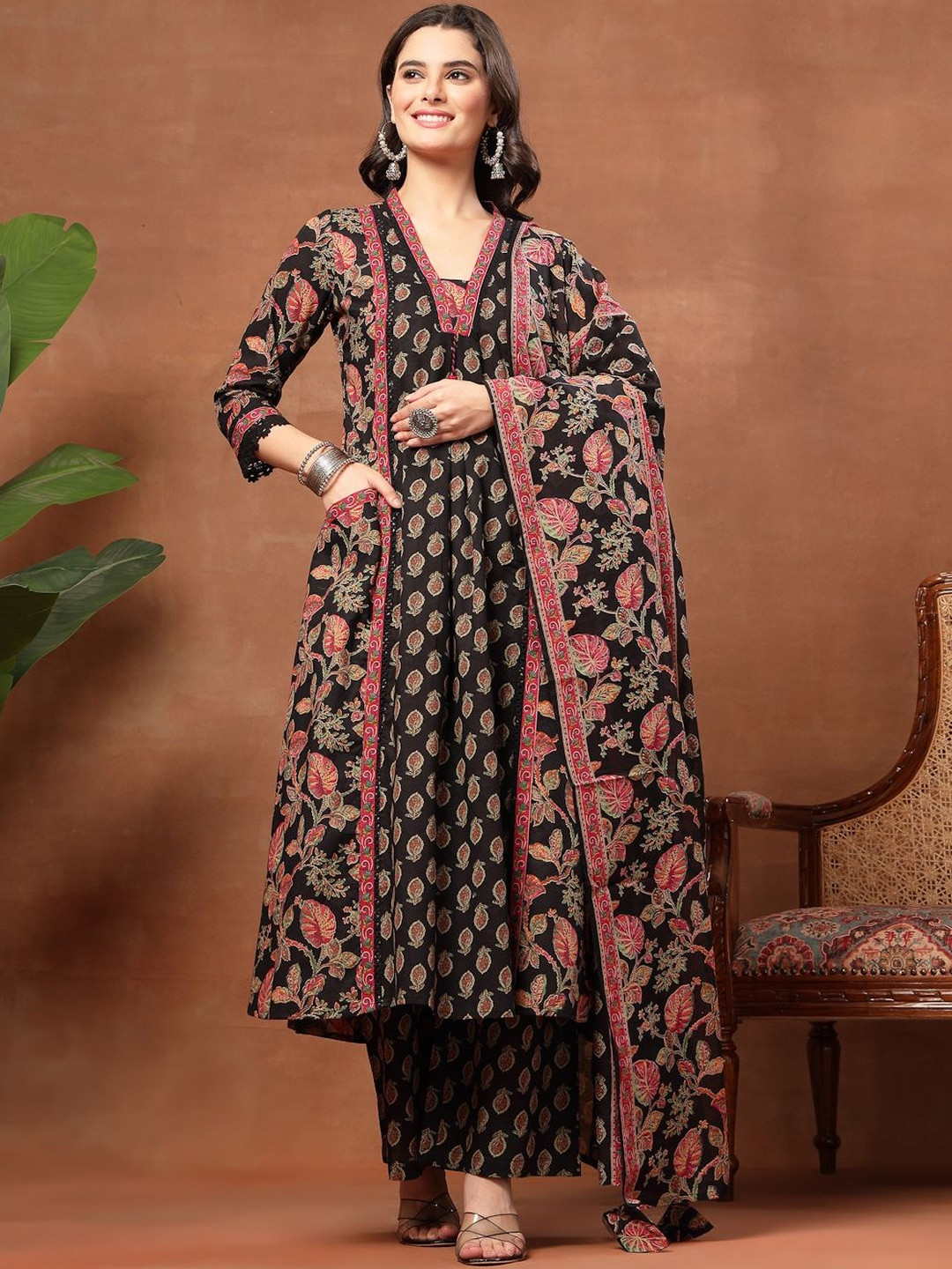 Anouk Mirage Women Ethnic Motifs Printed Panelled Pure Cotton Kurta with Trousers & With Dupatta