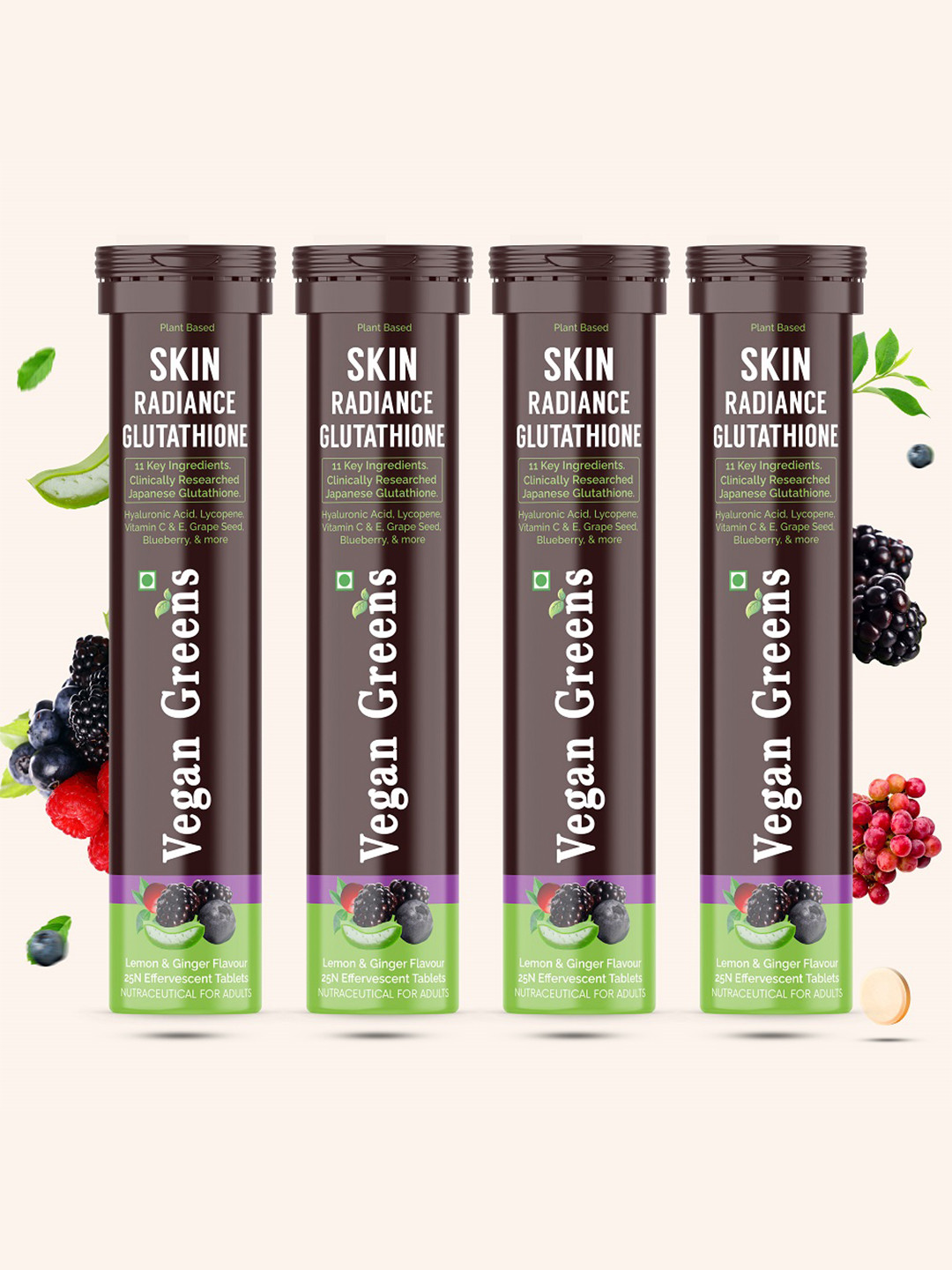 Vegan Greens Set Of 4 Skin Radiance Japanese Tablets- 25 Tablets Each- Lemon & Ginger