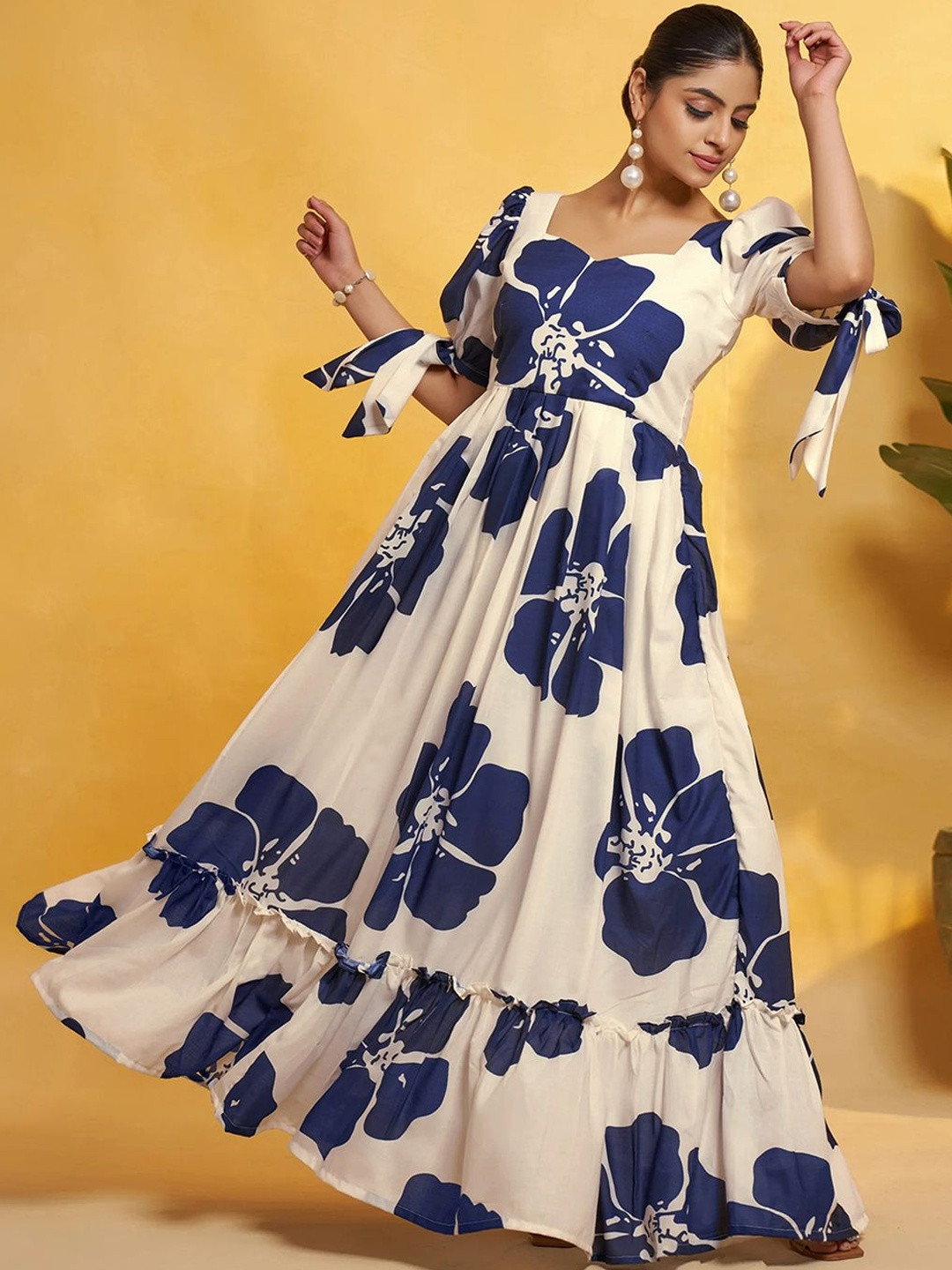 OMPAX Floral Printed Flared Sleeve Tie-Ups Maxi Dress