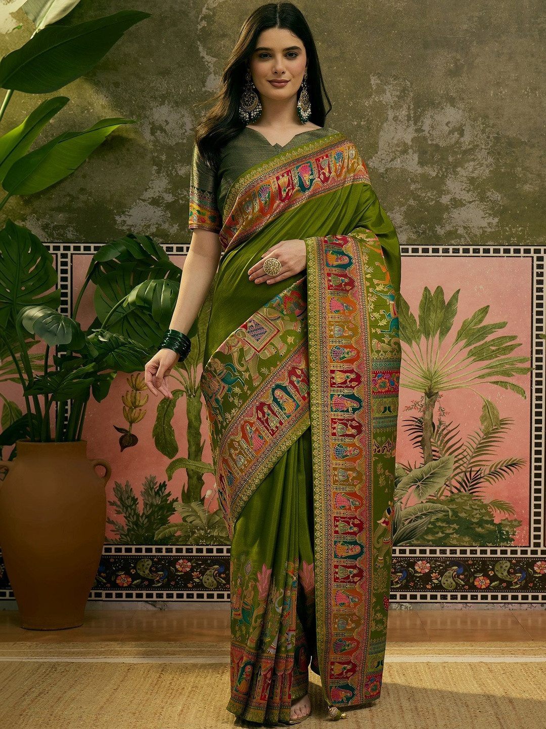 Sangria Position Printed Zari Weaving Saree With Contrast Blouse Piece