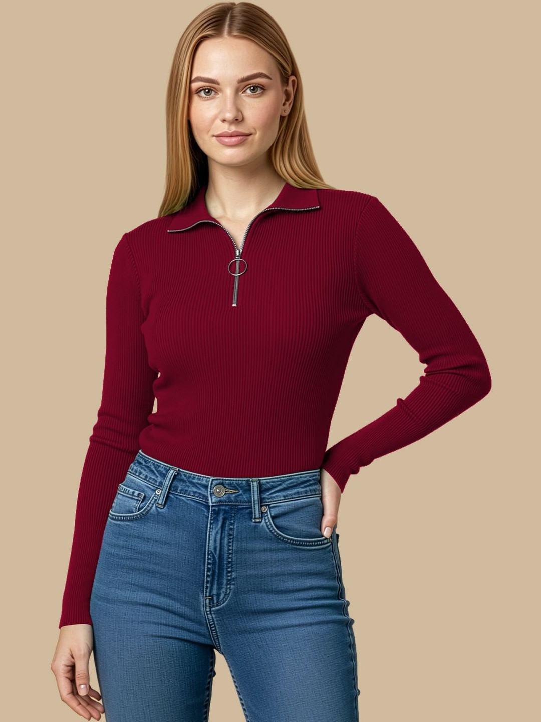 Maroon Ribbed High Neck Top with Zip Closure