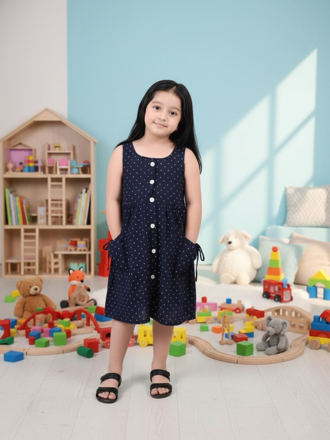 Miss & Chief Girls Polka Dot Printed Sleeveless Cotton A-Line Dress