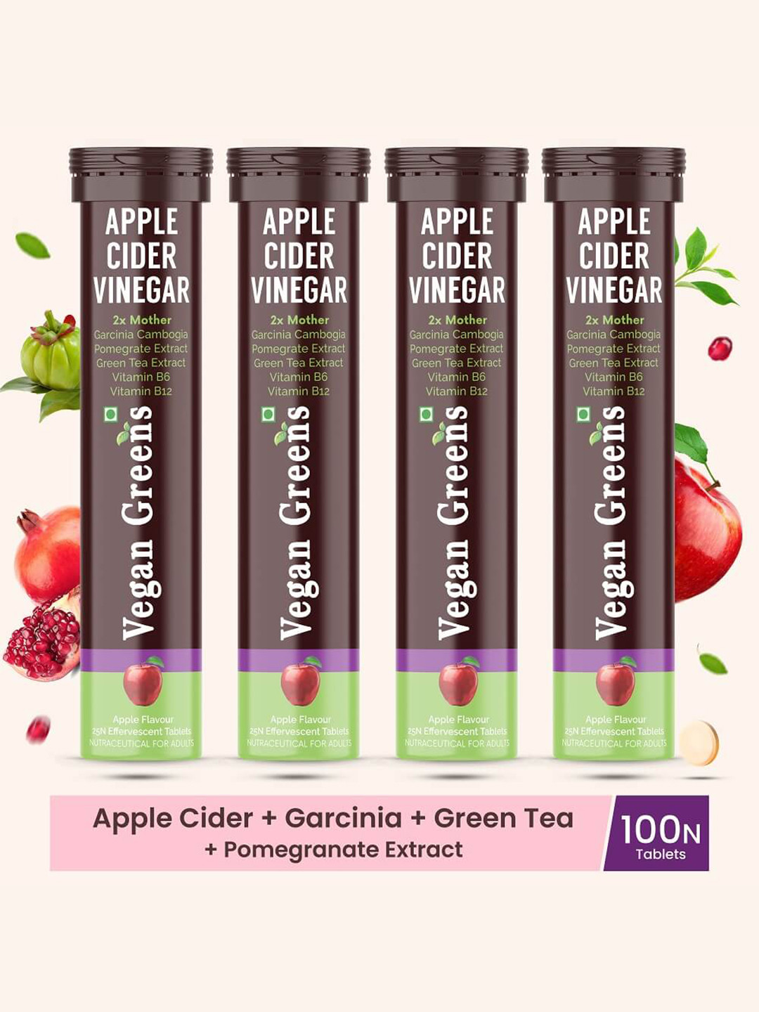 Vegan Greens Set Of 4 Apple Cider Vinegar 2x Mother Garcinina Tablets - 25 Tablets Each