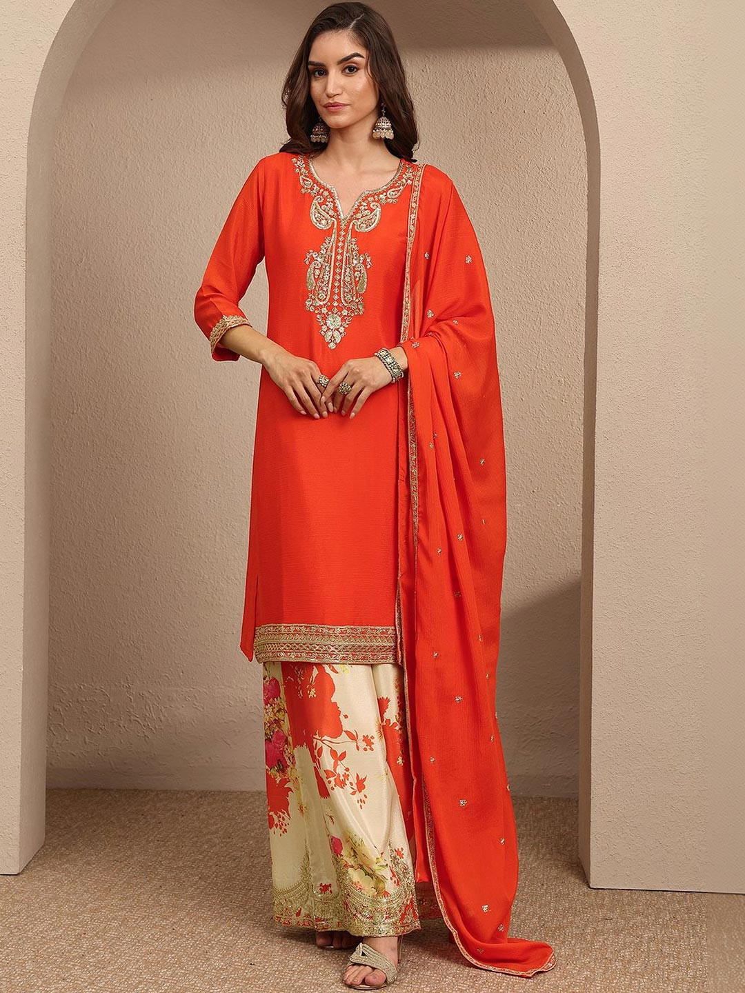 Libas Women Floral Embroidered Regular Kurta with Palazzos & With Dupatta