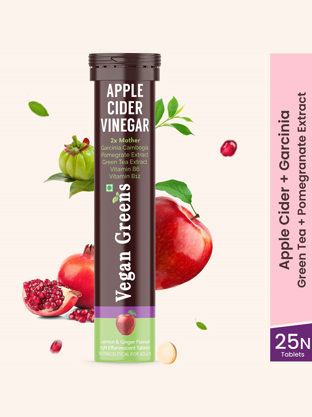 Vegan Greens Apple Cider Vinegar +Garcinina Green Tea Ext Tablets - 25 Tablets