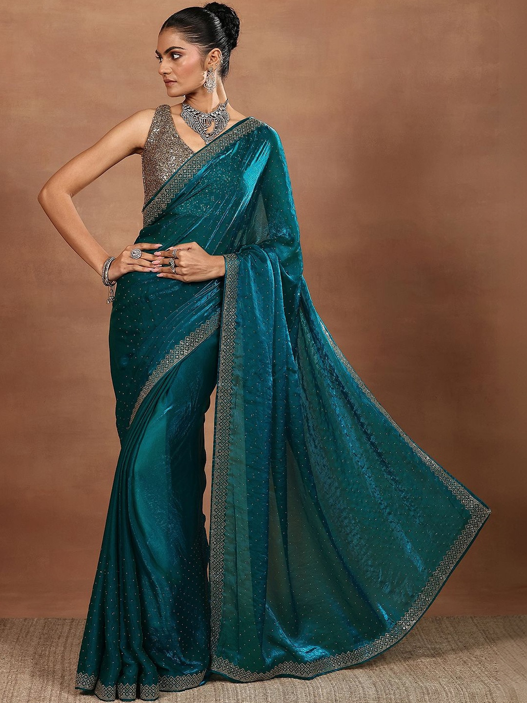 Libas Blue Embellished Organza Sarees With Unstitched Blouse Piece