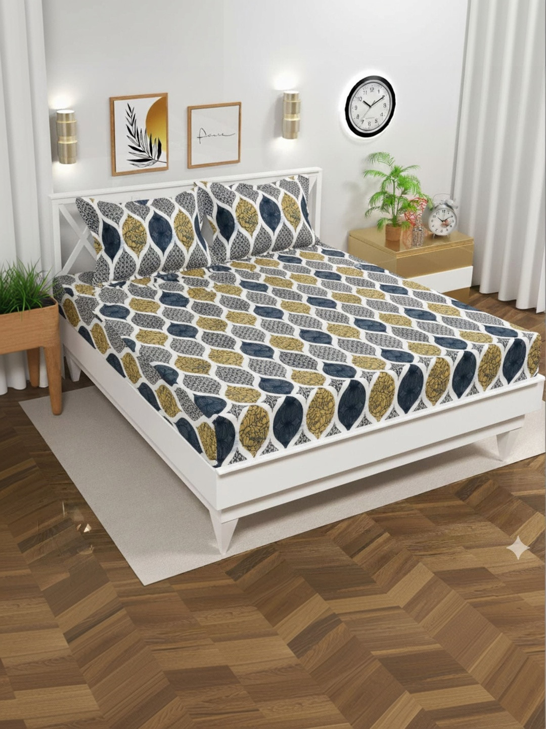 BLUEDOT White & Navy Blue Ethnic Motifs 300 TC King Bedsheet with 2 Pillow Covers