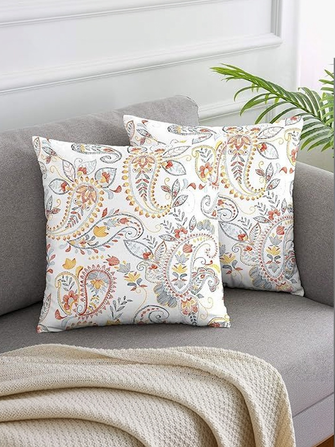 KNOTTING HOME White & Yellow Set of 2 Floral Velvet Square Cushion Covers