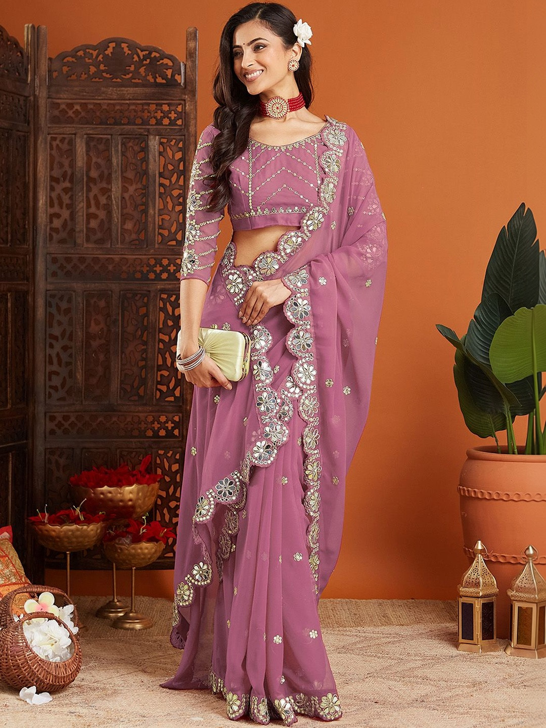 Urban Pallu Embellished Mirror Work Organza Heavy Work Mysore Silk Saree