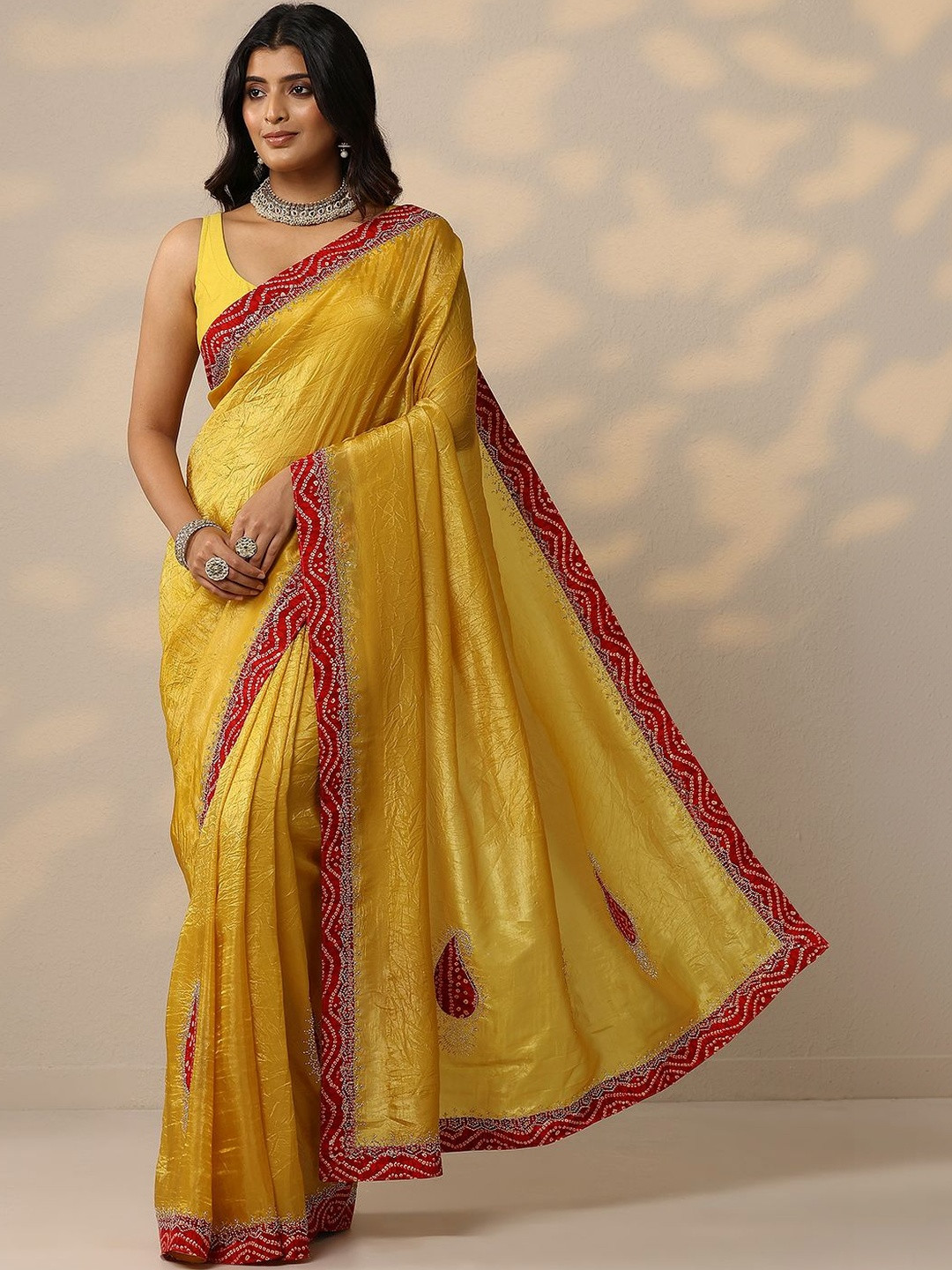 Libas Yellow Embellished Organza Sarees With Unstitched Blouse Piece