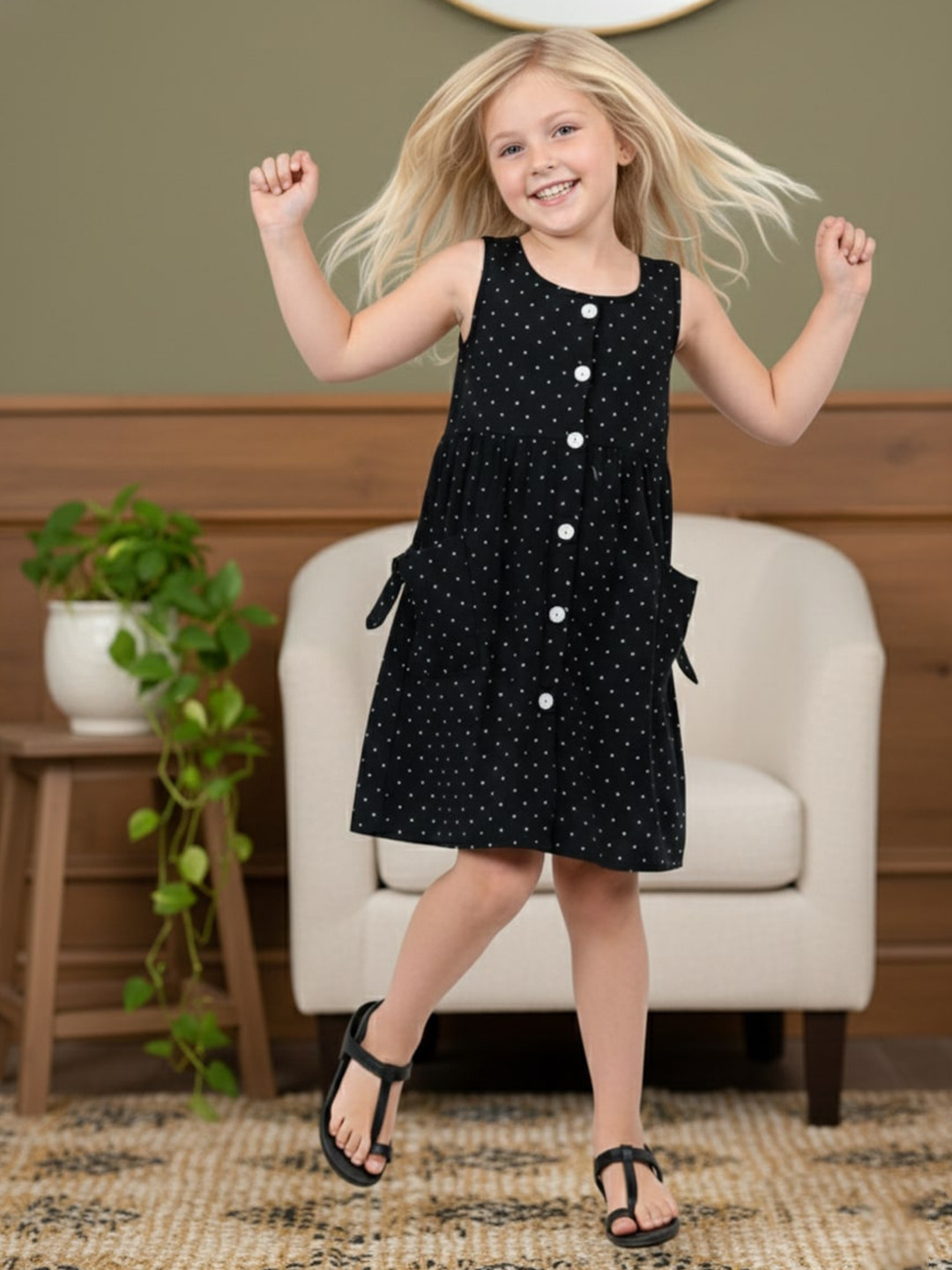 GIANNA Girls Polka Dot Printed Cotton A-Line Dress