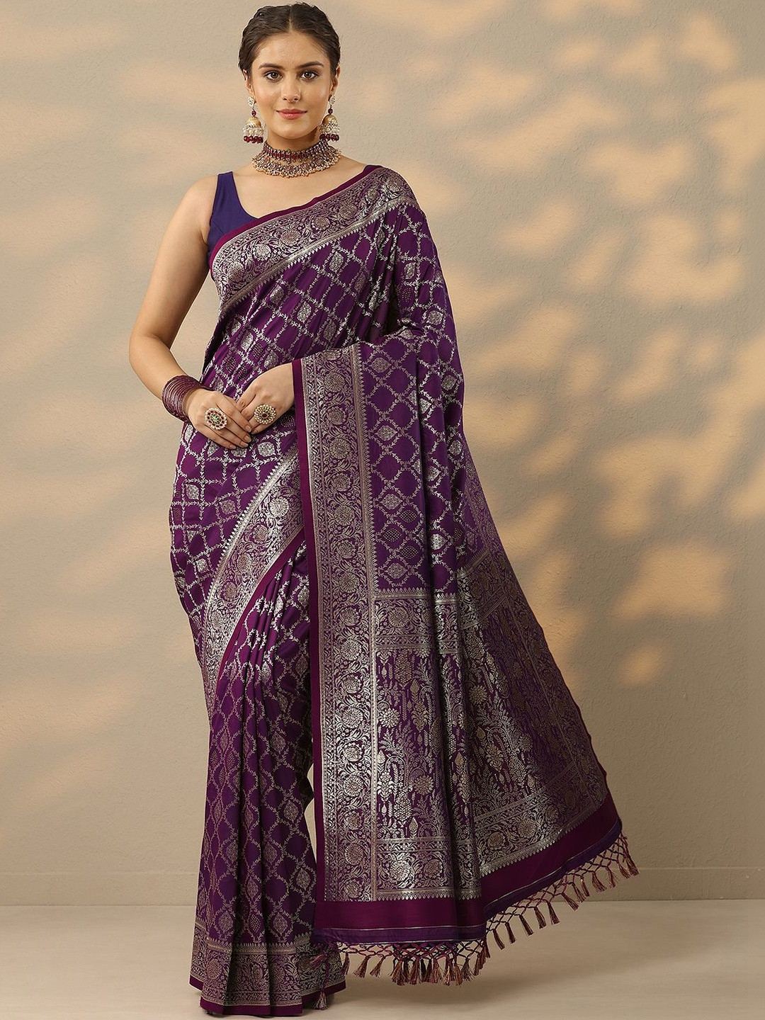 Libas Purple Embellished Banarasi Saree With Unstitched Blouse Piece