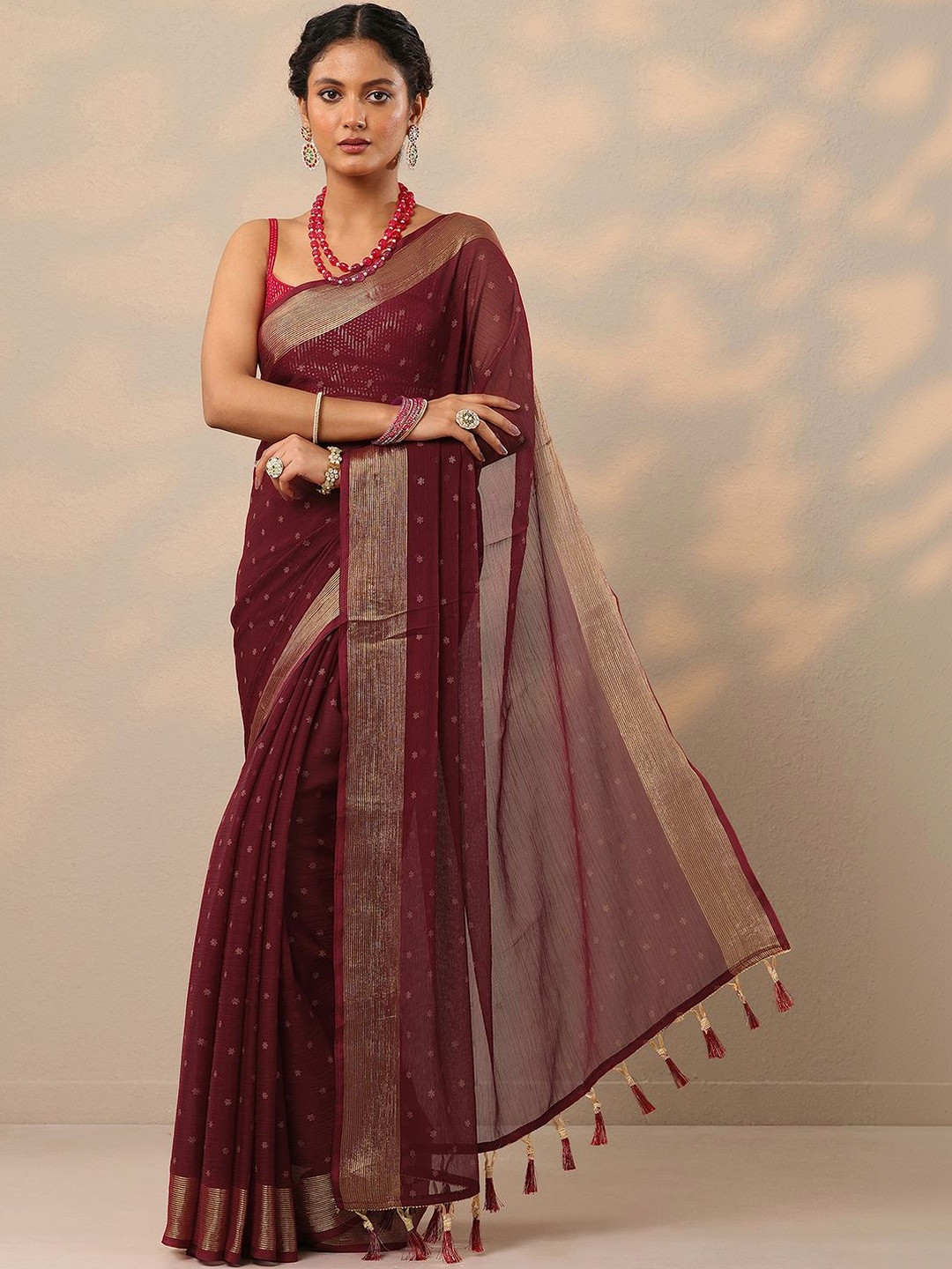 Libas Wine Printed Chiffon Saree With Unstitched Blouse Piece