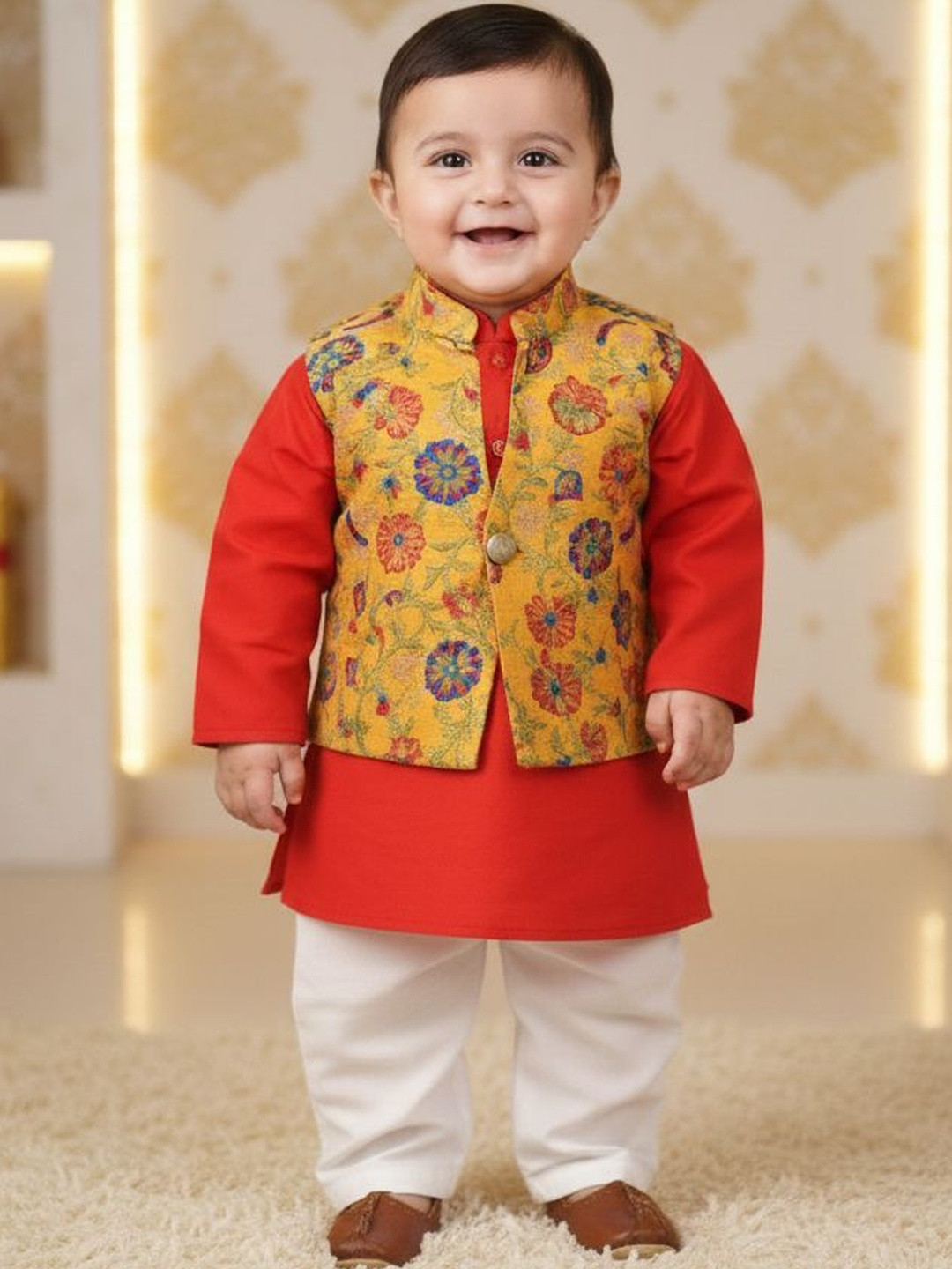 Sangria Printed Pure Cotton Mandarin Collar Kurta & Pyjamas With Jacket