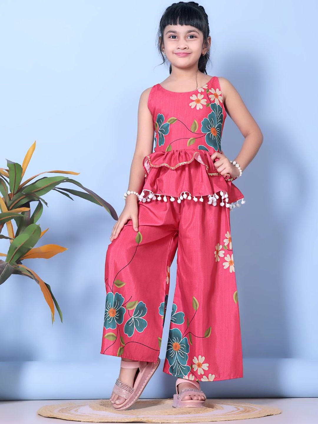 satyamfab Girls Floral Printed Tiered Top with Palazzos